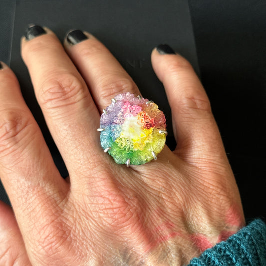 Rainbow Solar Quartz Slice Sterling Silver Ring - Size N