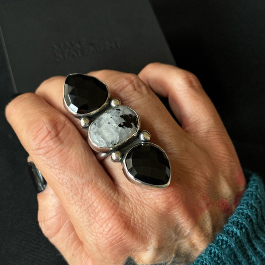 Rainbow Moonstone with Tourmaline and Black Onyx Triple Stone Sterling Silver Ring - Size S 1/2